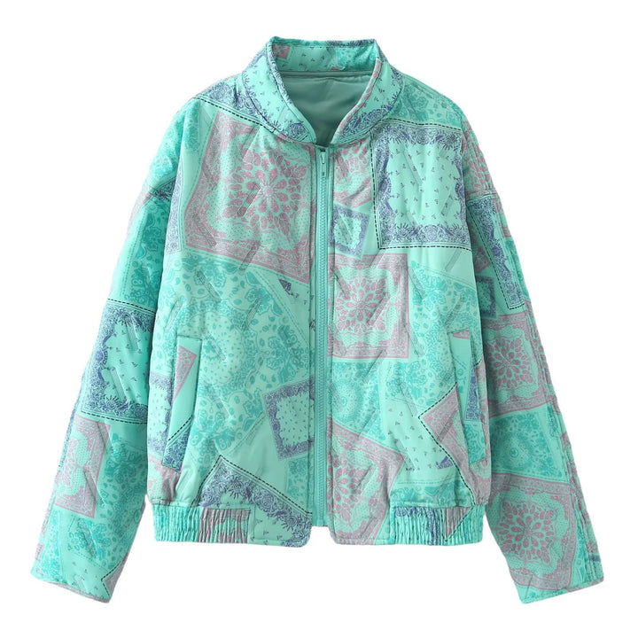 Women's padded bomber jacket with patchwork paisley, stand-up collar and elastic hem Mune Fashion