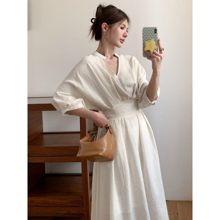 Women Linen Blend Midi Dress with V-Neck, fitted waist and wide sleeves Mune Fashion