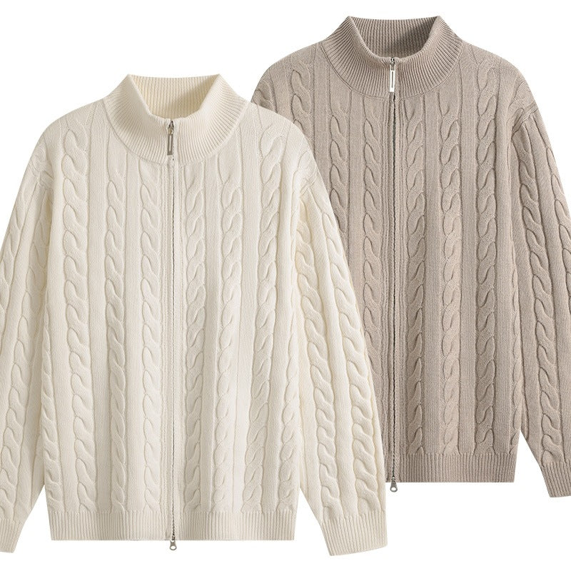 Men's Chunky Knit Zip-Up Cardigan with Cable Pattern, Stand-Up Collar and Oversized Cut Mune Fashion