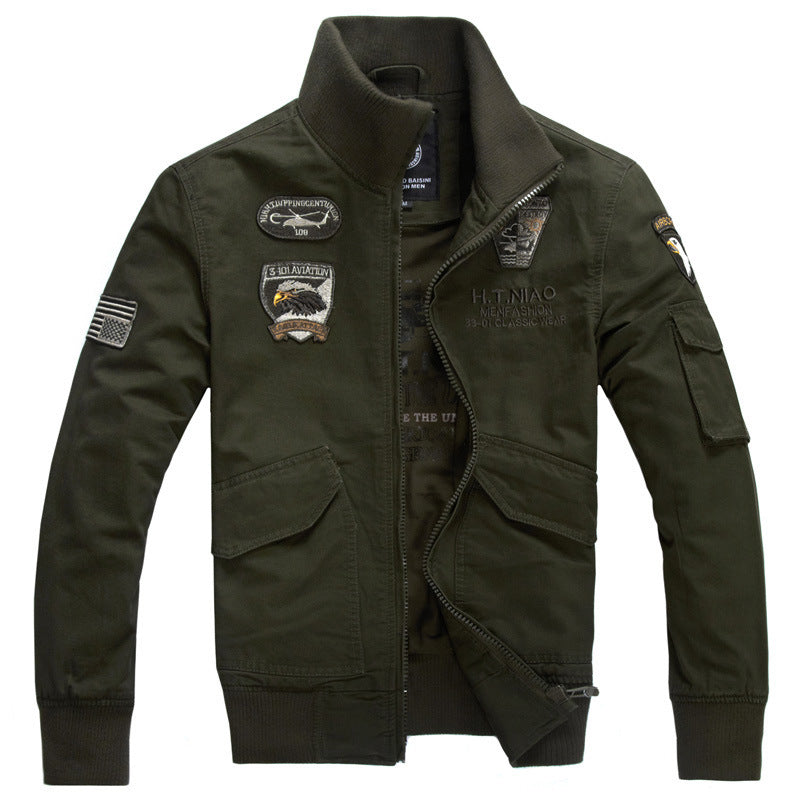 Men's Aviator Canvas Blouson with Embroidered Patches, Stand Collar and Multi-Functional Flap Pockets Mune Fashion