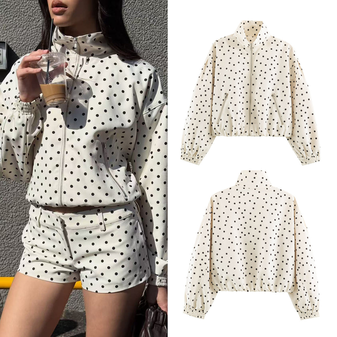 Women short cut dotted bomber jacket with stand collar, zip pockets and elastic hem Mune Fashion