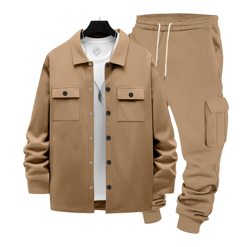Men's casual cotton blend overshirt and cargo jogger set with drawstring, patch pockets, and elastic cuffs Mune Fashion