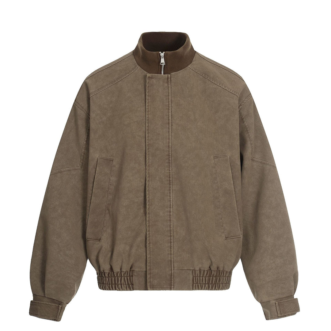 Men's short boxy blouson made of corduroy fabric with high ribbed collar and elastic hem.