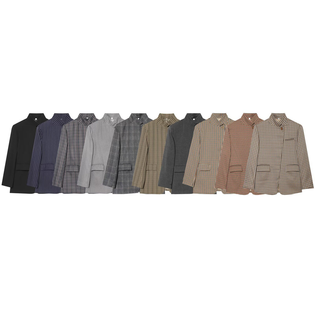 Women Checked Long Blazer with Stand Collar, Concealed Button Placket and Flap Pockets Mune Fashion