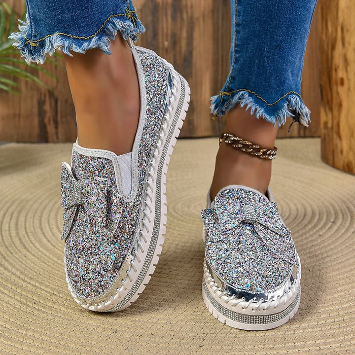 Women Glitter Platform Slippers with Bow Application and Profiled Comfort Sole Mune Fashion