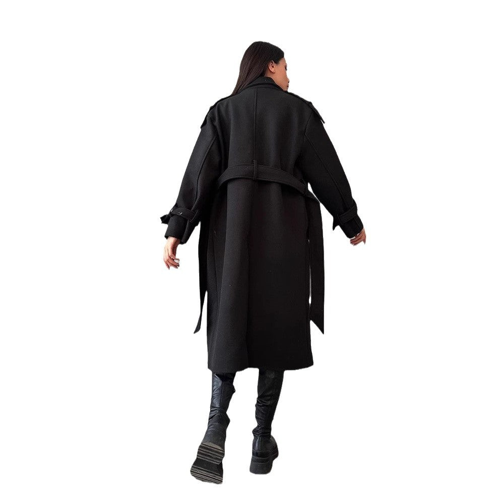 Women's Oversized Wool Blend Coat with Double-Breasted Button Placket and Waist Belt Mune Fashion