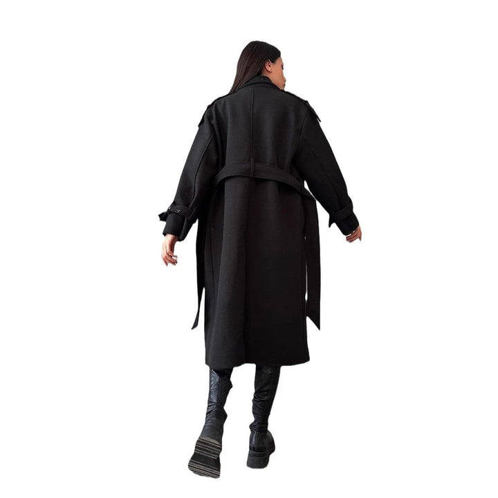Women's Oversized Wool Blend Coat with Double-Breasted Button Placket and Waist Belt Mune Fashion