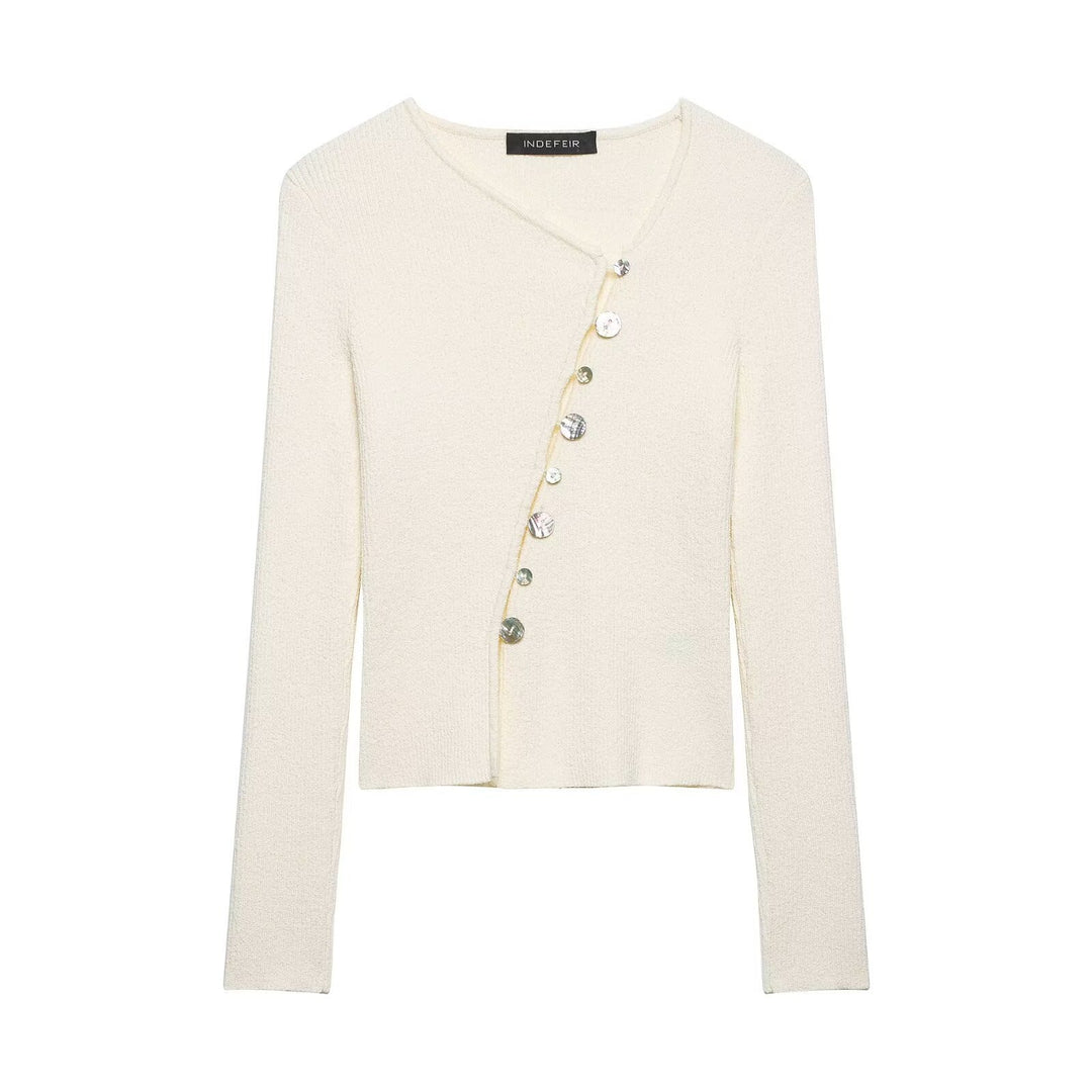 Women Asymmetrical Boucle Cardigan with V-Neck and Decorative Button Placket Mune Fashion
