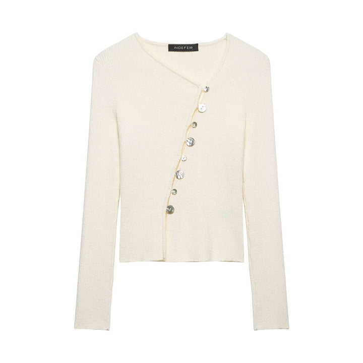 Women Asymmetrical Boucle Cardigan with V-Neck and Decorative Button Placket Mune Fashion