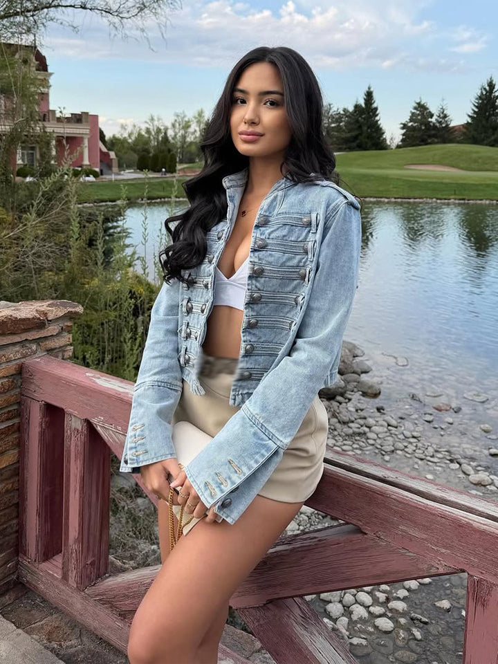 Women's short-cut denim jacket in military-inspired style with decorative button plackets Mune Fashion