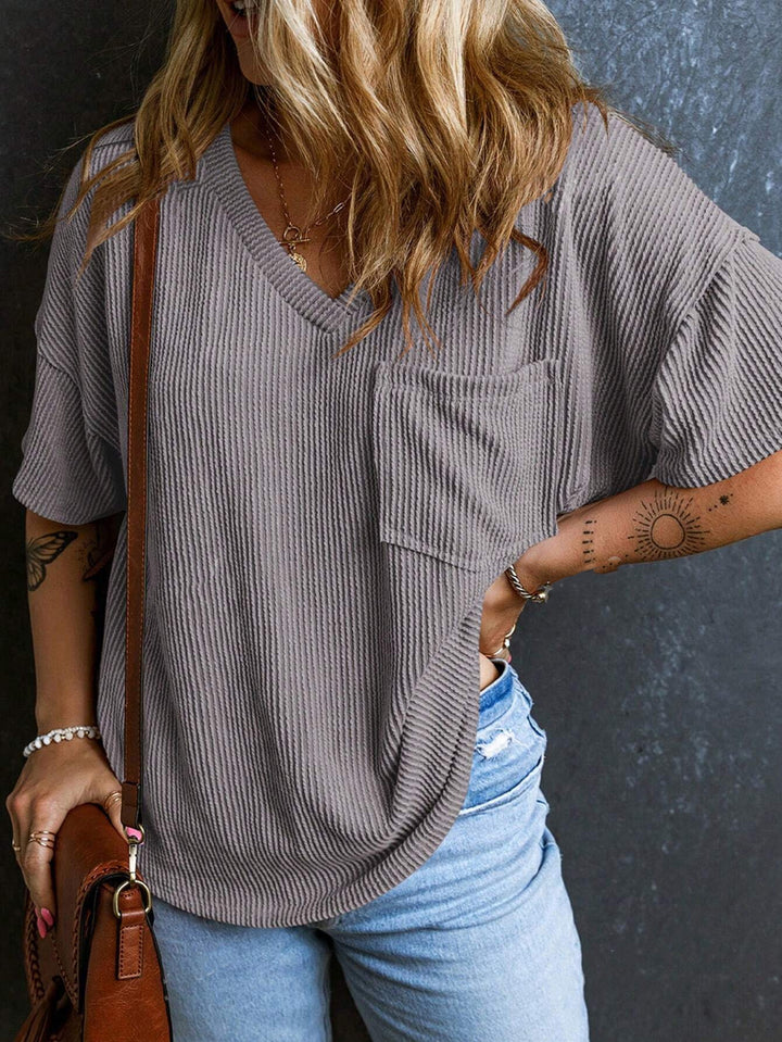 Women's Casual Ribbed Oversized T-Shirt with V-Neck and Breast Pocket Mune Fashion