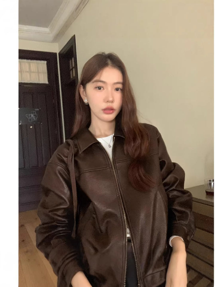 Women's Oversized Bomber Jacket in Leather Look with Zipper and Ribbed Cuffs Mune Fashion