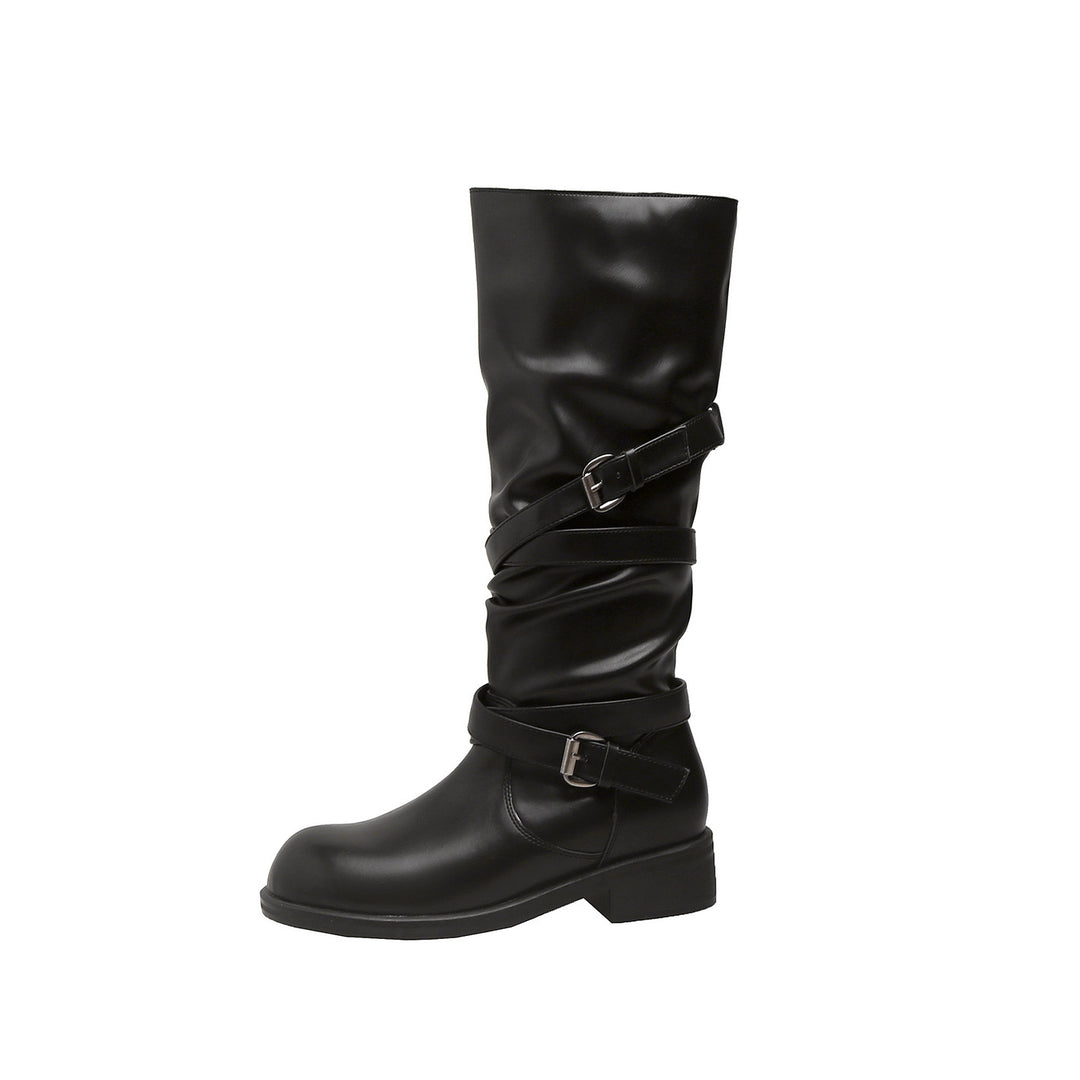 Women’s Knee-High Biker Boots with Wrap Straps and Adjustable Buckles Mune Fashion