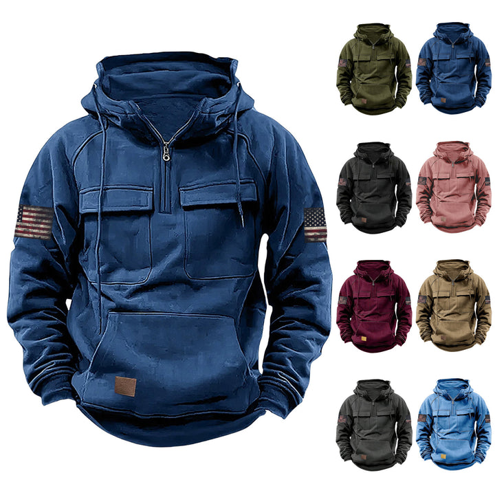 Men's hooded sweatshirt with half zip, cargo chest pockets and kangaroo pocket Mune Fashion