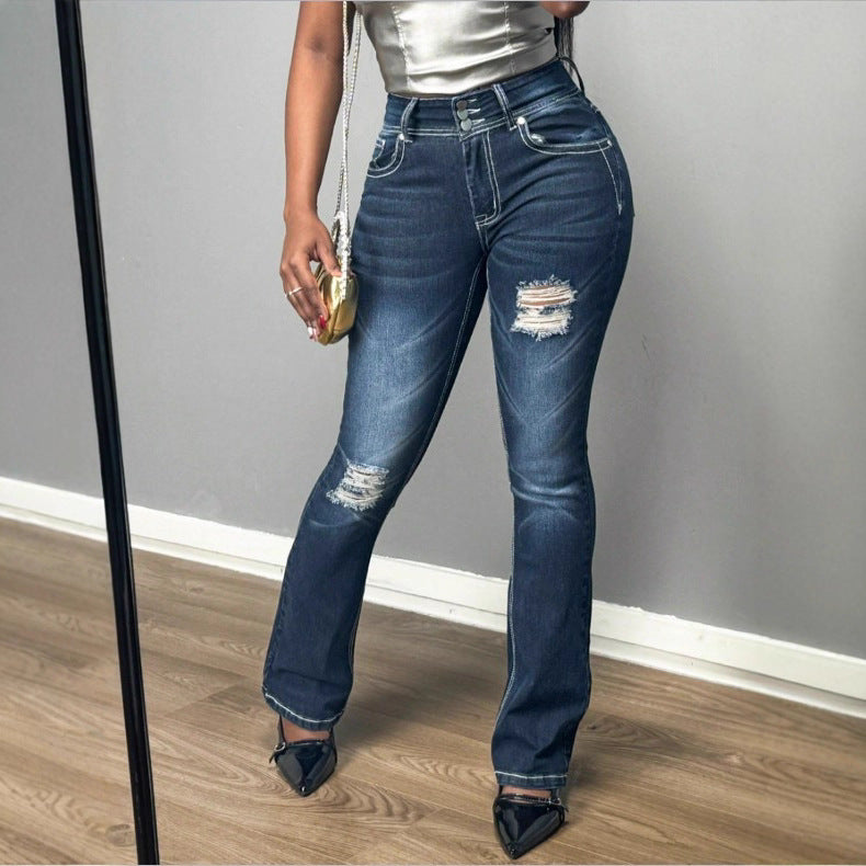 Women's Shaping High-Waist Bootcut Jeans with Triple Button Placket and Subtle Destroyed Look Mune Fashion