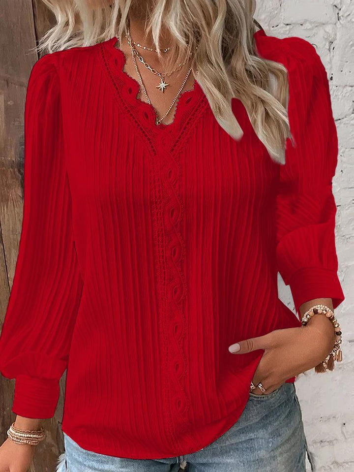 Women's romantic V-neck lace blouse with pleats and puff sleeves Mune Fashion