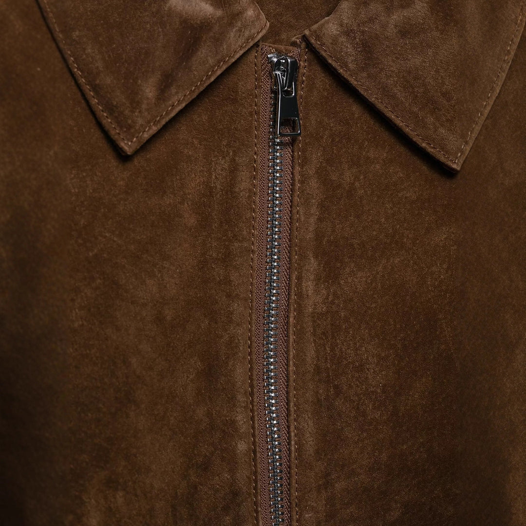 Ladies Cropped Suede Jacket with Shirt Collar, Zipper and Zip Pockets Mune Fashion