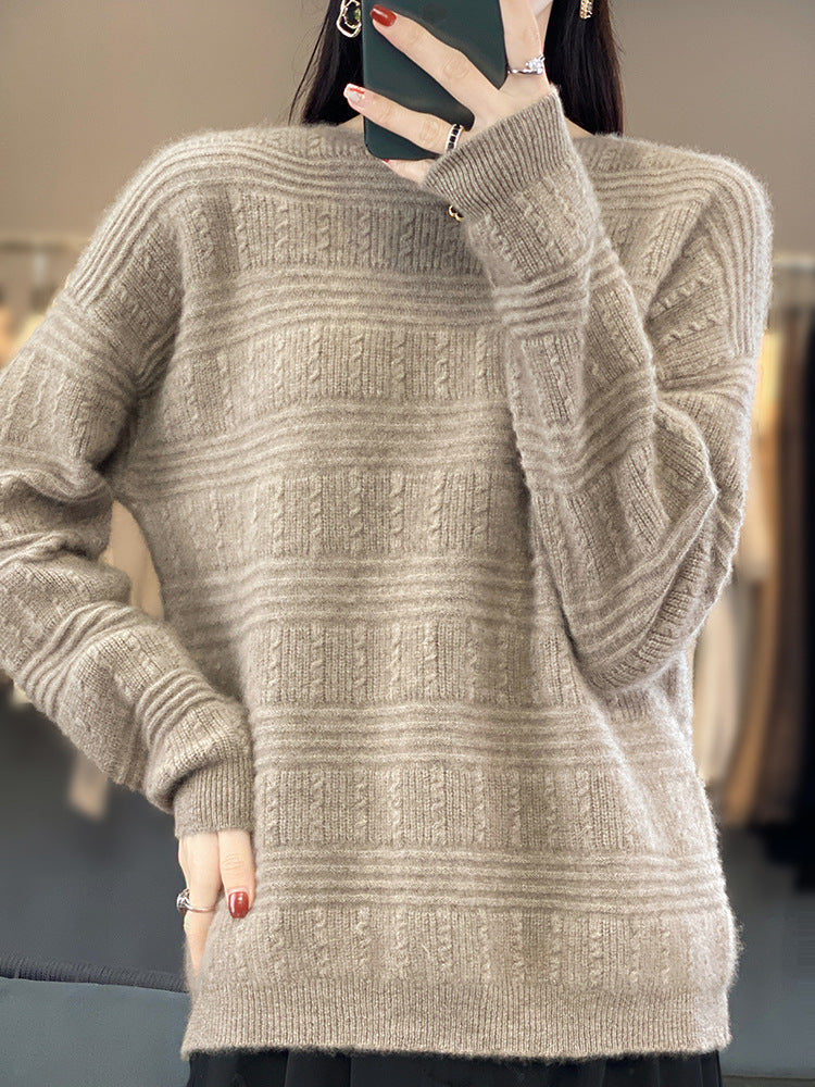 Women Oversize Fine Knit Sweater with Structural Blocks, Mohair Look and Round Neckline Mune Fashion