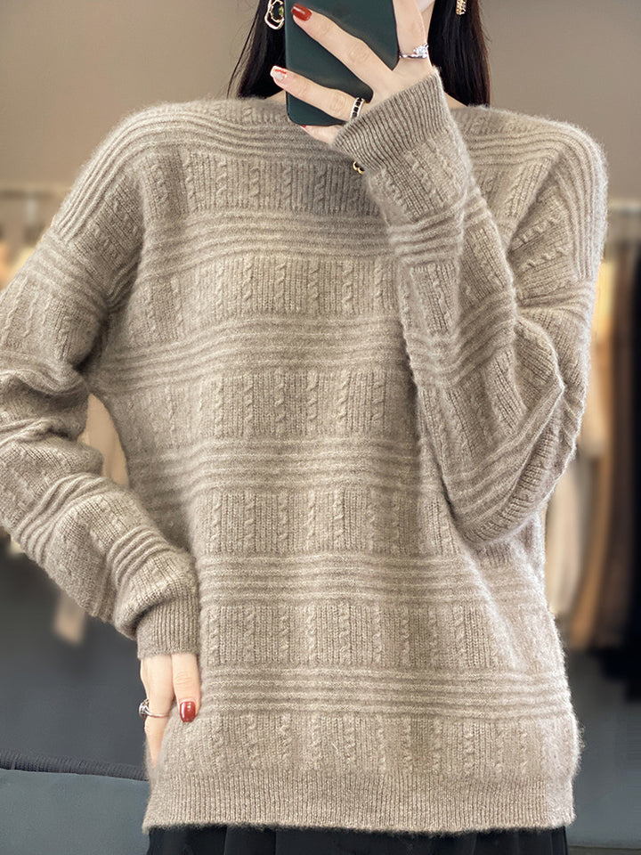 Women Oversize Fine Knit Sweater with Structural Blocks, Mohair Look and Round Neckline Mune Fashion