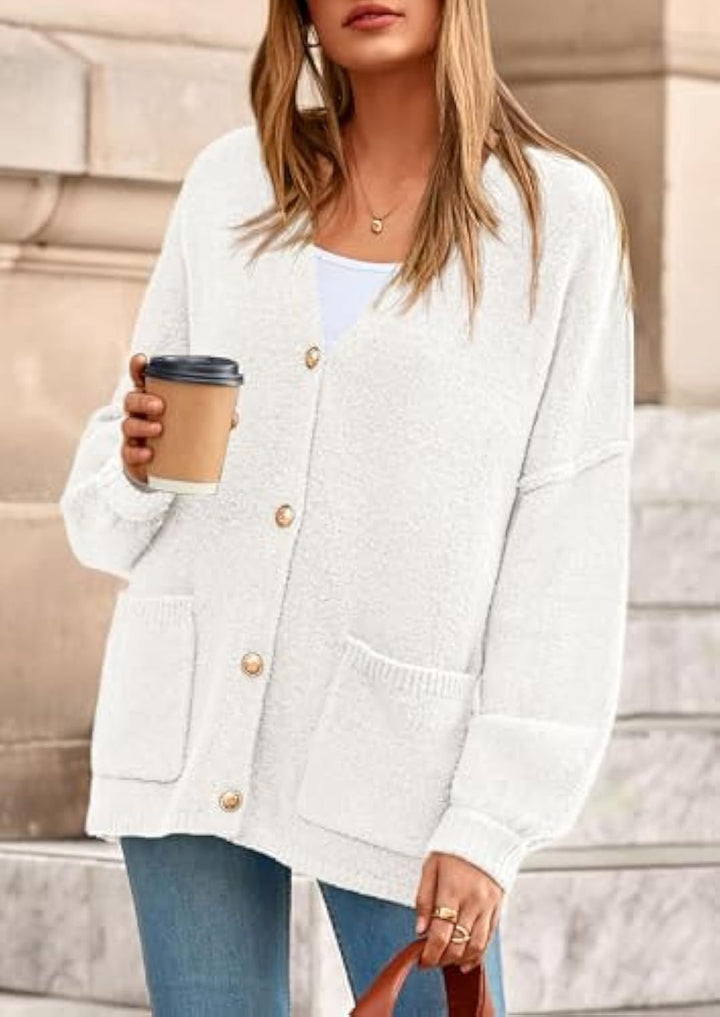 Women Oversized Knit Cardigan with V-Neck, Golden Decorative Buttons and Patch Pockets Drune