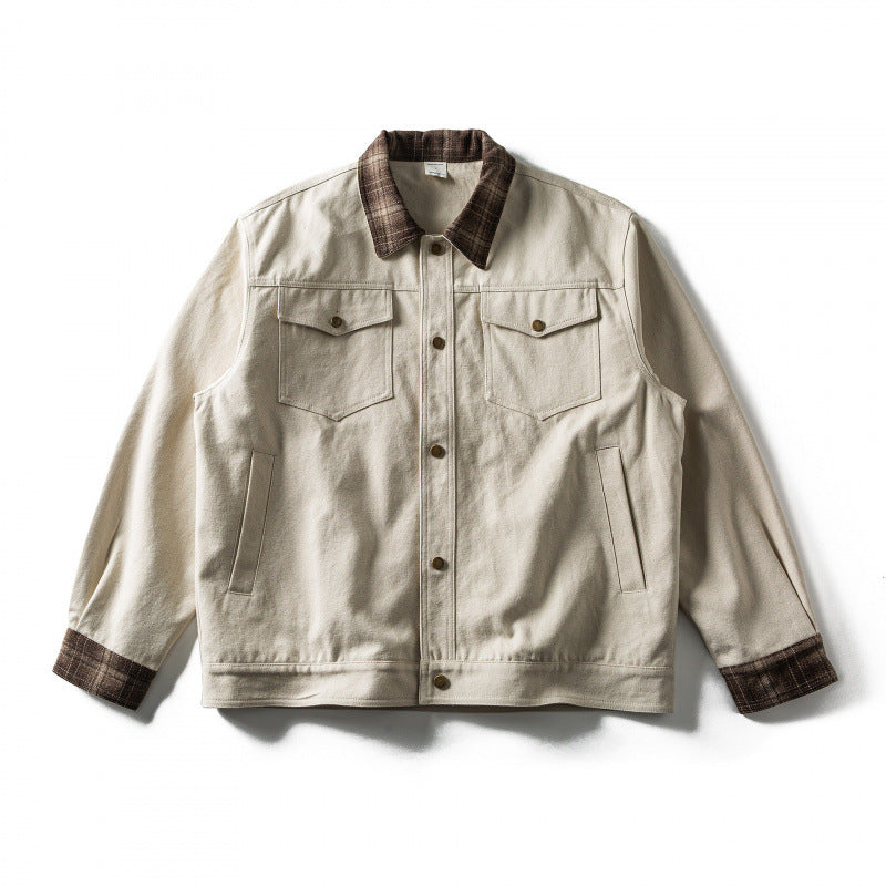 Men's Oversize Trucker Jacket made of Canvas with Contrast Check Collar and Patch Chest Pockets Mune Fashion