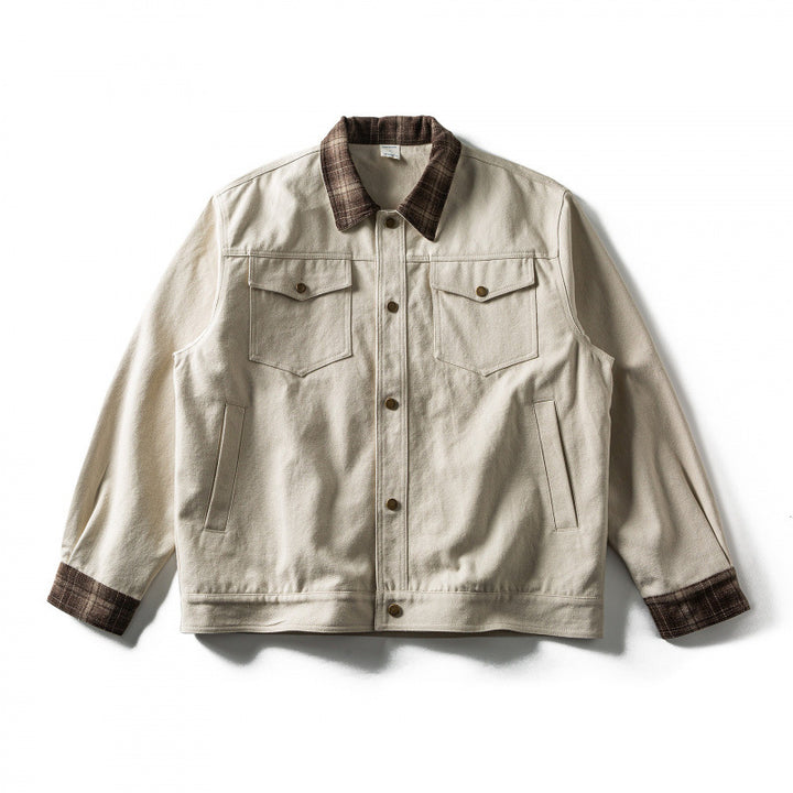 Men's Oversize Trucker Jacket made of Canvas with Contrast Check Collar and Patch Chest Pockets Mune Fashion