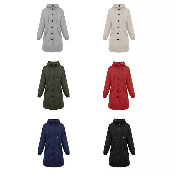 Women nan lightweight rain parka with hood, oversized button placket, drawstring and patch pockets Mune Fashion