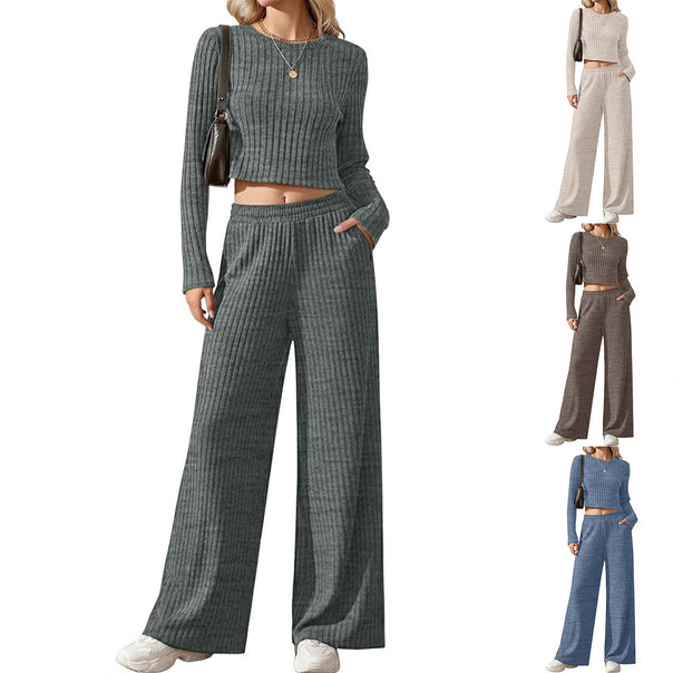 Women's Ribbed Fine Knit Lounge Set with Cropped Long Sleeve Top and High-Waisted Palazzo Pants Mune Fashion