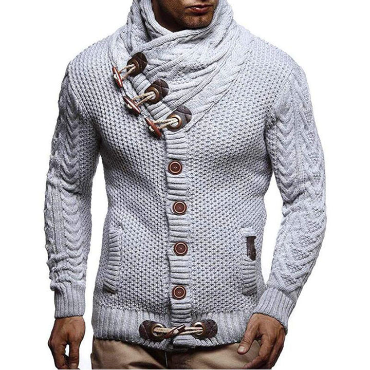 Men's chunky knit cardigan with shawl collar, toggle closures, and cable knit sleeves Mune Fashion