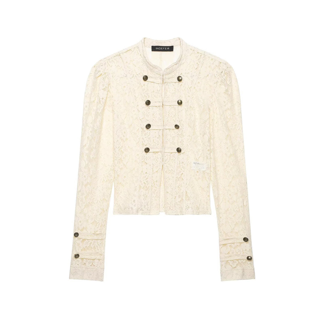 Women's lace jacket with Mandarin collar and decorative frog closures Mune Fashion