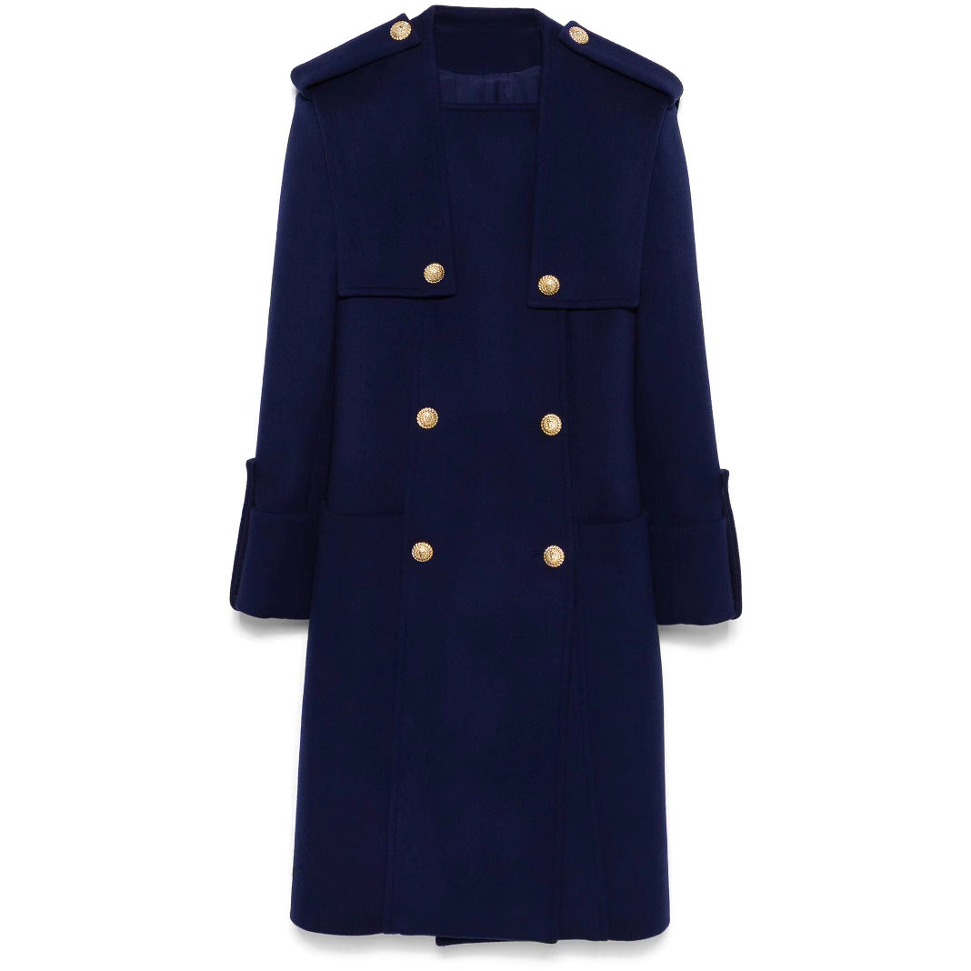 Women's Double-Breasted Coat with Cape Insert, Epaulettes and Decorative Straps Mune Fashion