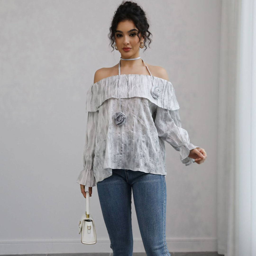 Women Off-Shoulder Crinkle Blouse Top with Ruffles, Balloon Sleeves and Choker Mune Fashion