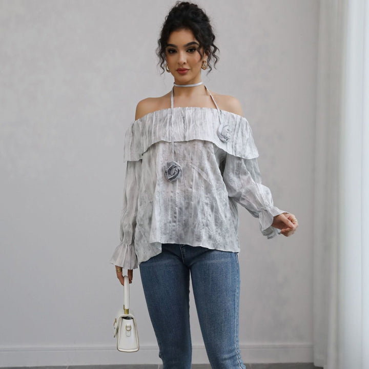 Women Off-Shoulder Crinkle Blouse Top with Ruffles, Balloon Sleeves and Choker Mune Fashion