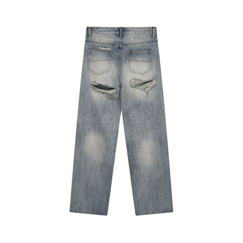 Women’s Wide Destroyed Jeans with High Waist, Straight Leg and Knee Rips Mune Fashion