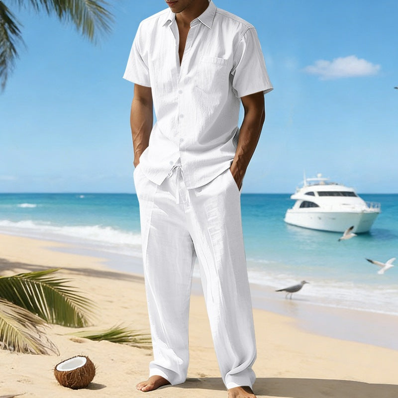 Men's resort-appropriate short-sleeve shirt with chest pocket and casual linen drawstring pants Mune Fashion