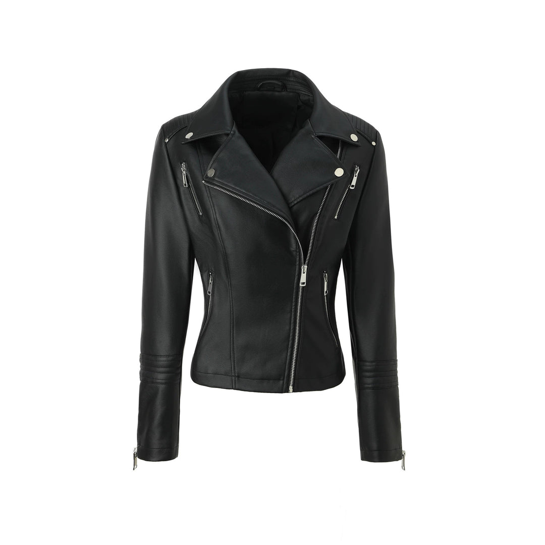 Women's Fitted Biker Jacket made of soft faux leather with quilted shoulder and sleeve section Mune Fashion
