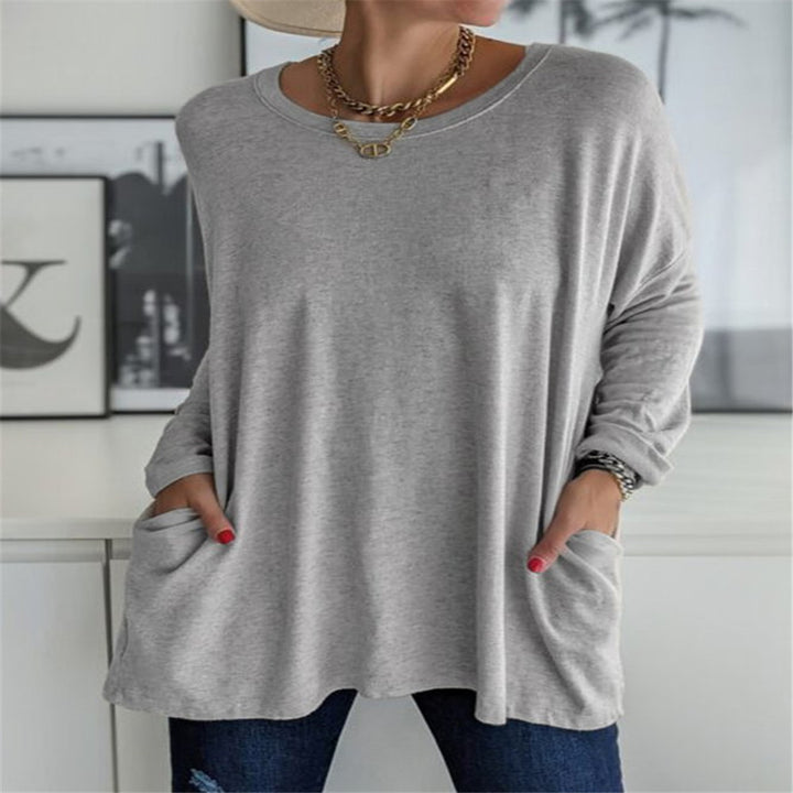 Women's oversized long sleeve tunic with round neckline, drop shoulder and patch pockets Mune Fashion