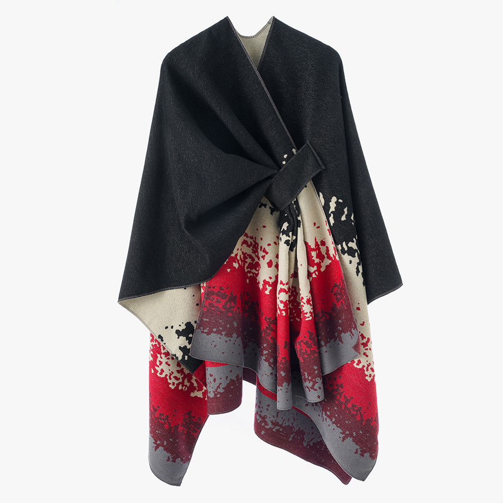 Women's cape poncho with integrated tie loop and two-layer jacquard fall Mune Fashion