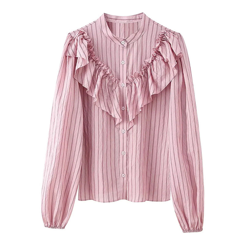 Women's striped ruffle blouse with stand-up collar, button placket, and elastic cuffs Mune Fashion
