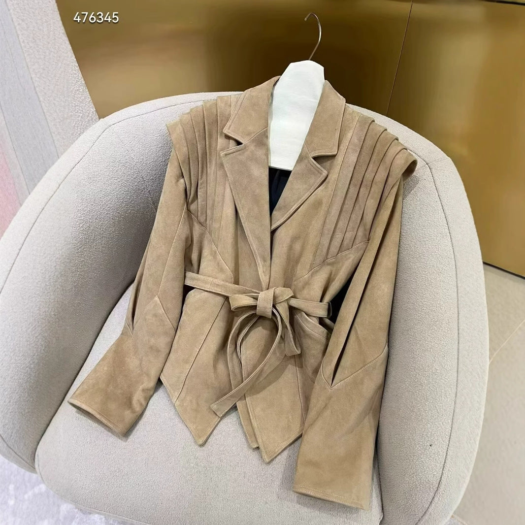 Women's Tailored Wrap Jacket in Suede Look with Shoulder Pleats and Tie Belt Mune Fashion