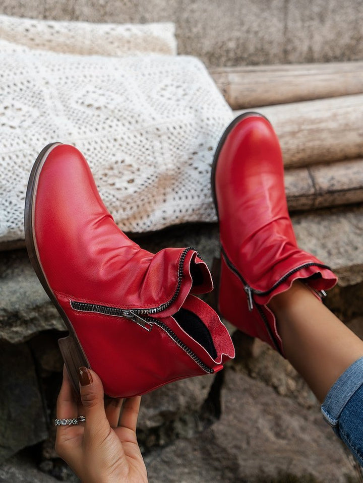 Women's Slouch Ankle Boots made of leather with side zipper and low block heel Mune Fashion