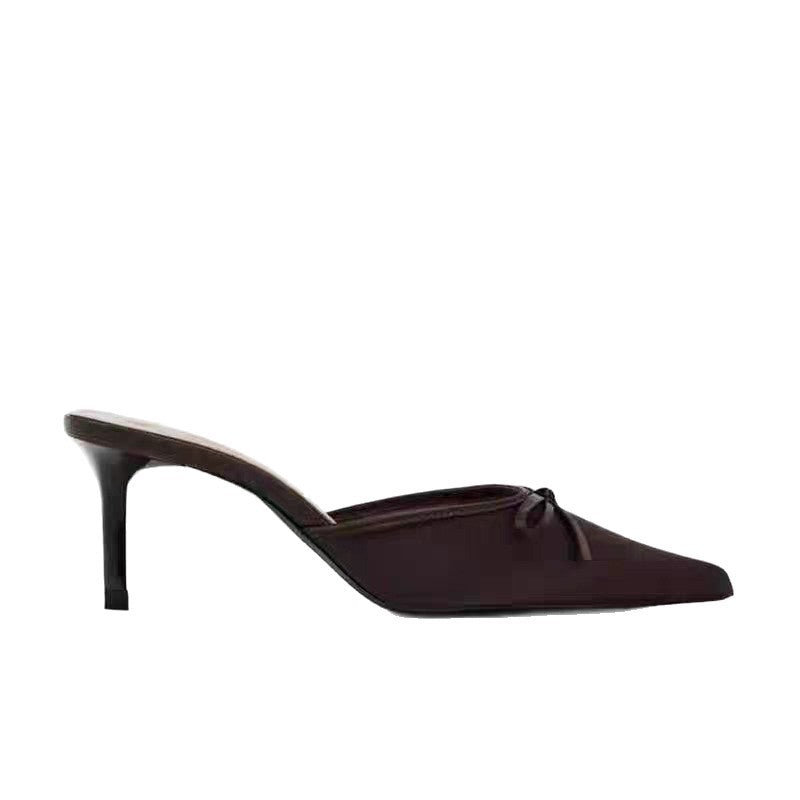 Women's pointed satin-like mule with delicate bow appliqué and slim stiletto heel Mune Fashion