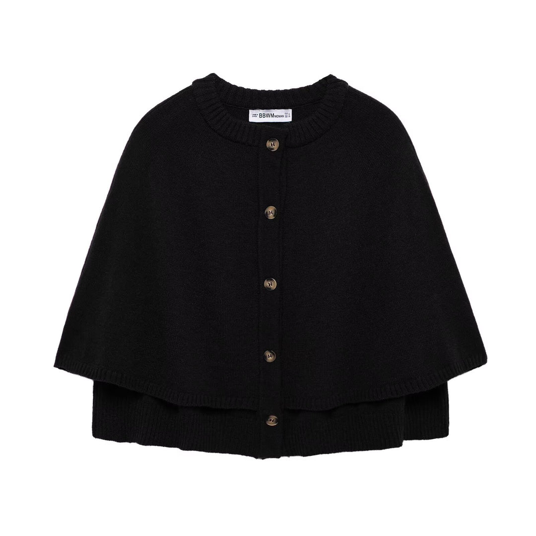 Women's Button-Front Knit Cape with Double Layer and Round Neckline Mune Fashion