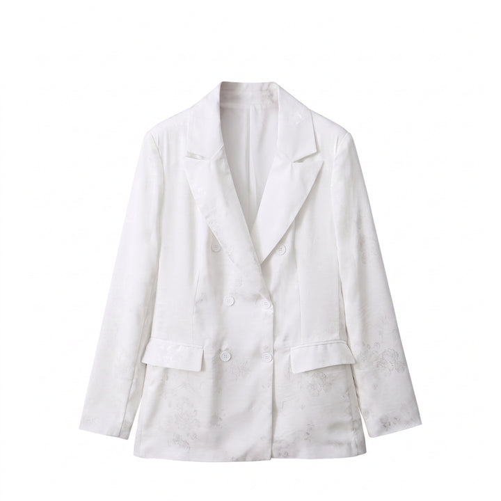 Women Double-breasted Blazer with Floral Jacquard and Shawl Collar Drune