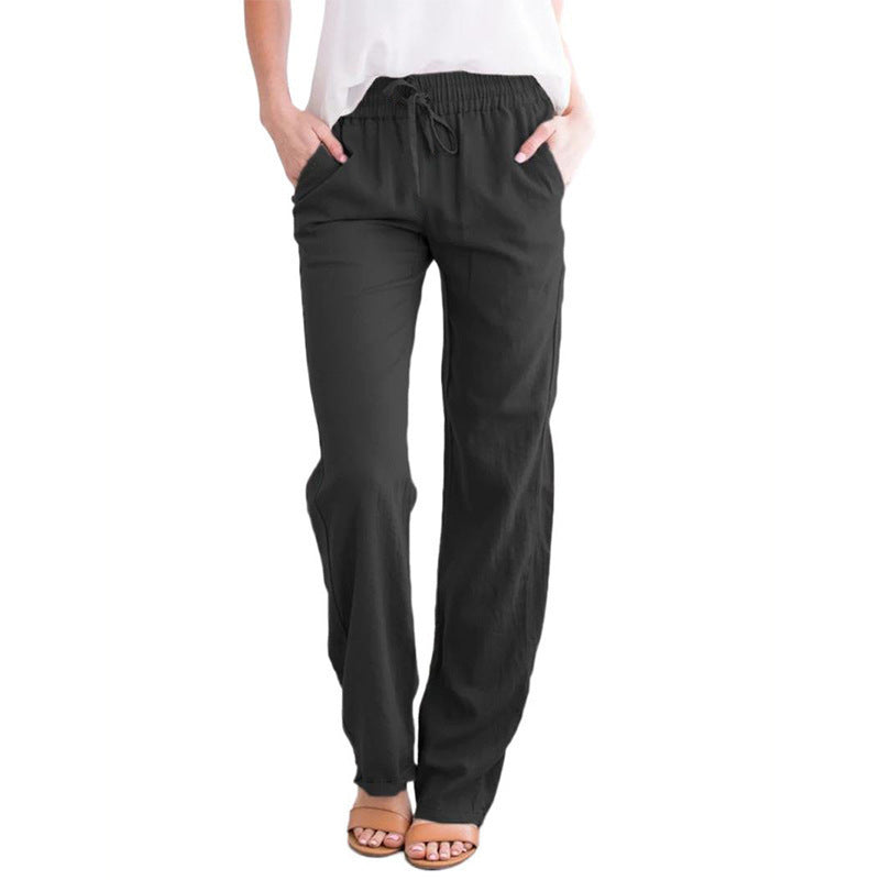 Women Light Linen Look Palazzo Pants with Elastic Waist, Drawstring and Side Pockets Mune Fashion