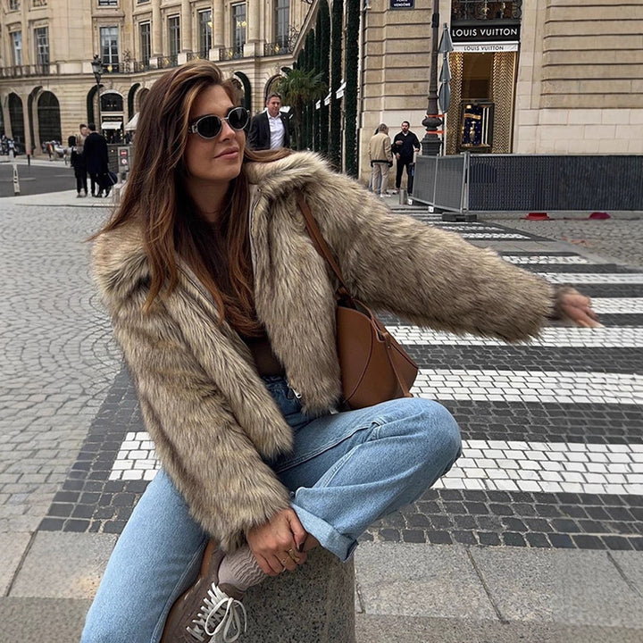 Women's Short Cut Faux-Fur Boxy Coat with Hood and Zip Mune Fashion