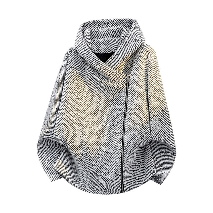 Women Oversize Structured Poncho Jacket with Shawl Collar and Asymmetric Zipper Mune Fashion