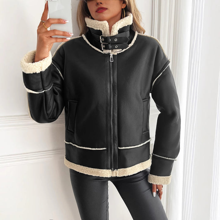 Women’s Stylish Faux Leather Jacket with Teddy Lining