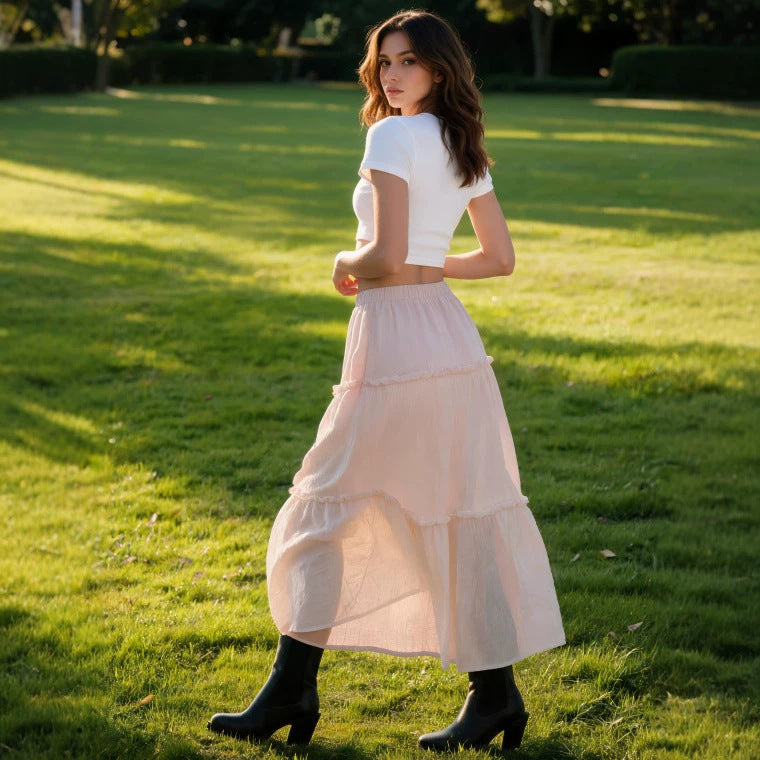 Ladies airy tiered skirt with elastic waistband and transparent chiffon look Drune