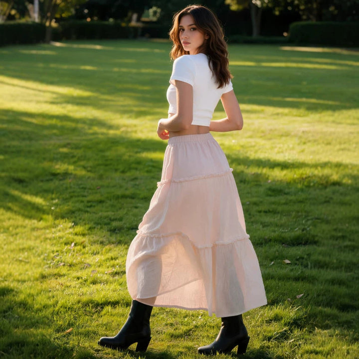 Ladies airy tiered skirt with elastic waistband and transparent chiffon look Drune